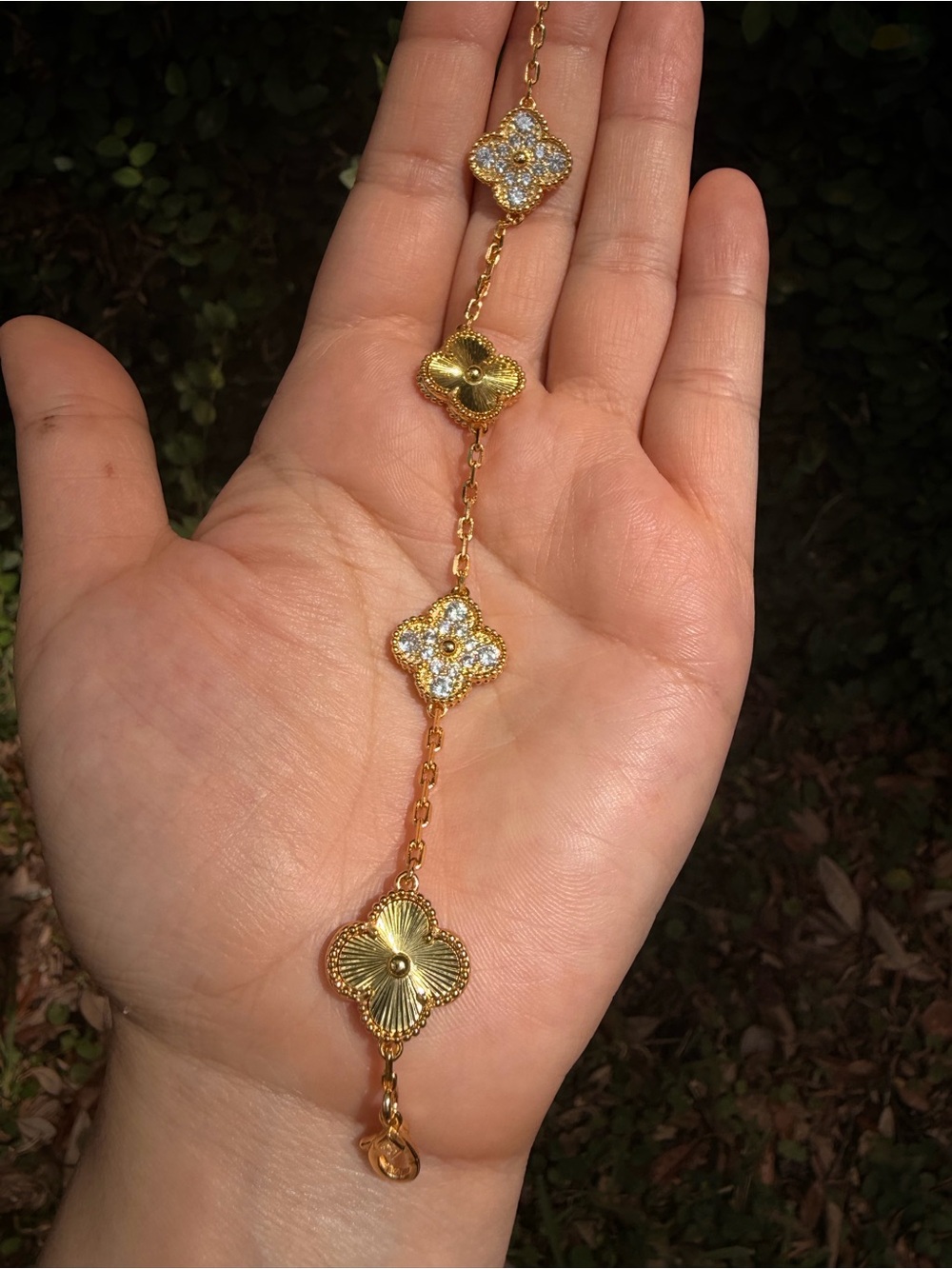 Gold-Tone Floral Clover Link Bracelet with Crystal Accents - Picture 4 of 5